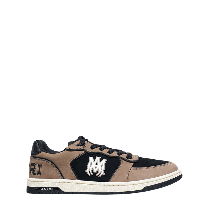 Amiri Newport low-top sneaker in tan suede and black leather with interlocked MA logo patch and off-white cupsole, side profile view