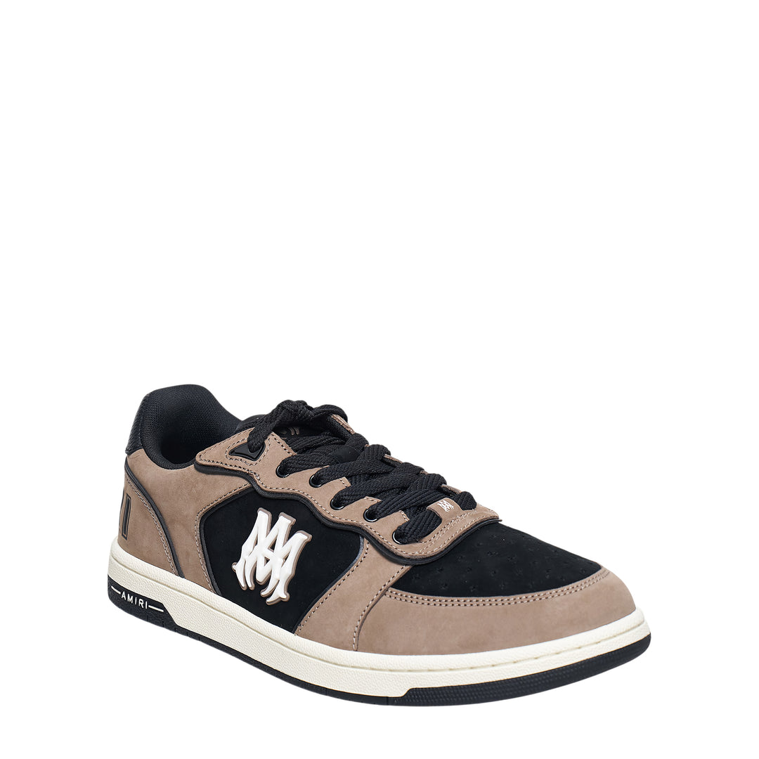 Amiri Newport low-top sneaker in tan suede and black leather with interlocked MA logo patch and off-white cupsole, side profile view