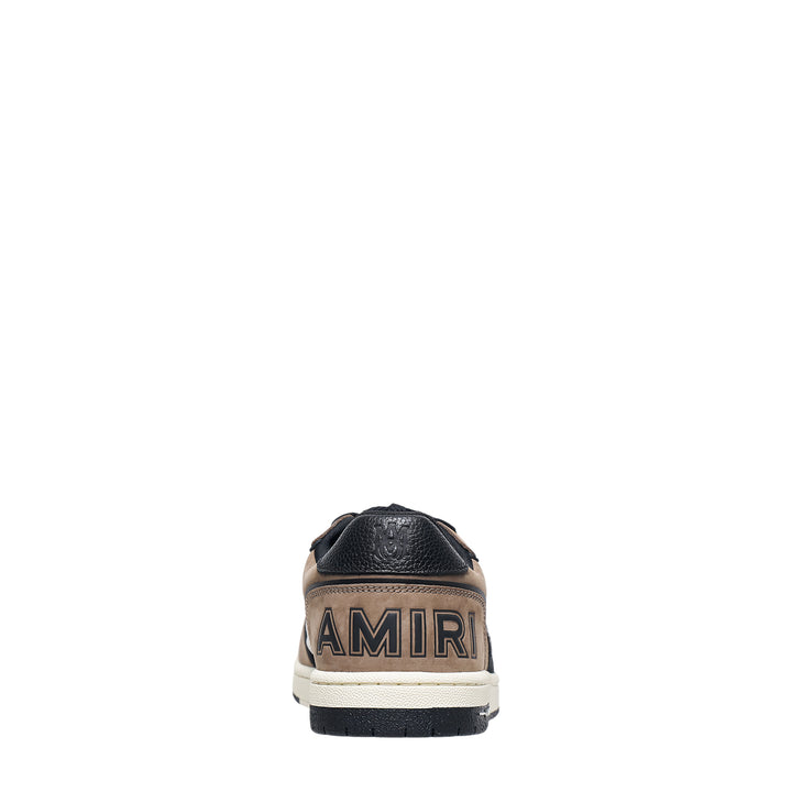 Amiri Newport low-top sneaker in tan suede and black leather with interlocked MA logo patch and off-white cupsole, side profile view
