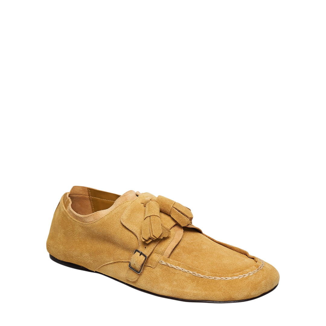 Sonia Carrasco Tassel Strap Loafer in camel tan suede with oversized tassel detail, single monk strap with silver buckle, and moccasin hand-stitched welt — side profile view - view 2