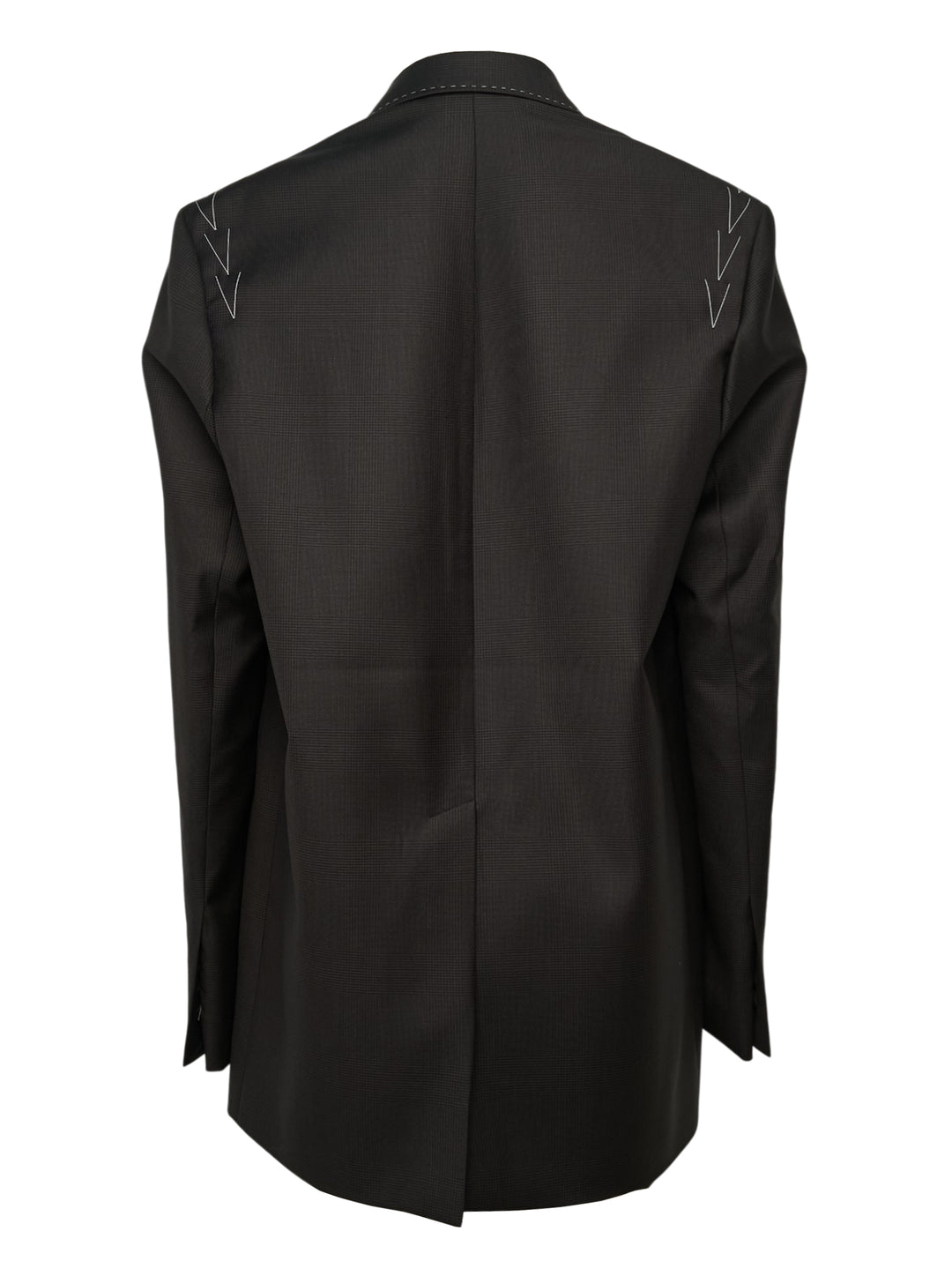 Sonia Carrasco Fundamental Blazer in dark tonal check fabric with white contrast topstitching along lapels and seams, arrow embroidery at shoulders, three antique brass buttons, and patch pockets at hem - view 2