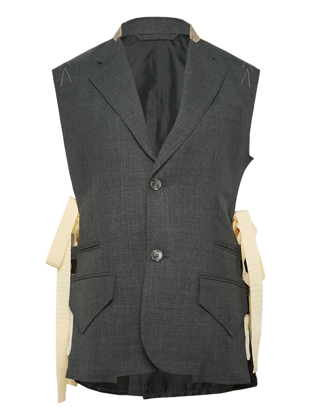 Sonia Carrasco Side Cut Blazer Vest in charcoal grey with open side panels revealing cream canvas interfacing and ribbon trim, notched lapel, and two-button front closure