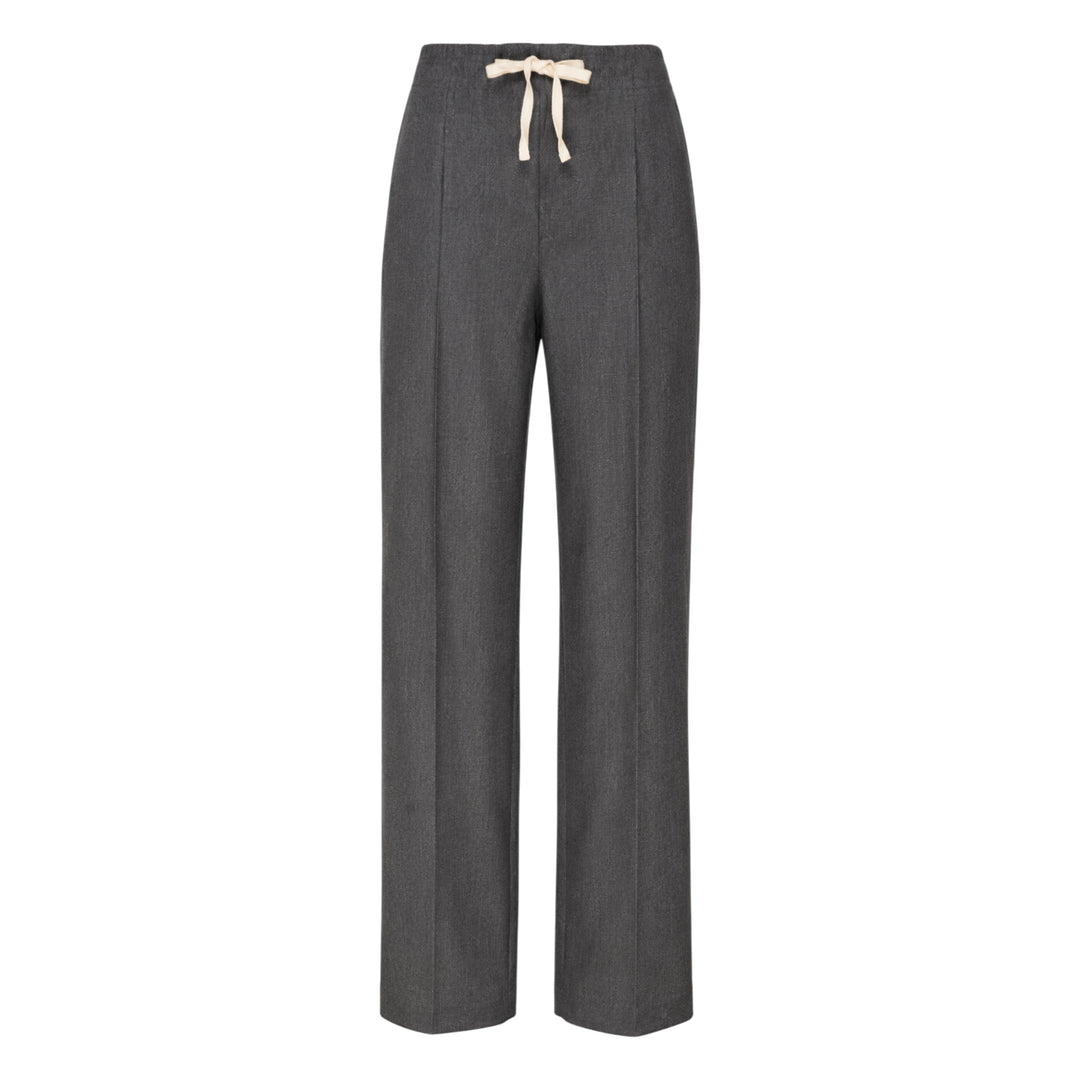 Sonia Carrasco Pleated Drawstring Trousers in heathered charcoal grey, featuring a wide-leg silhouette, front pleats, and a contrast cream drawstring bow at the elasticated waist
