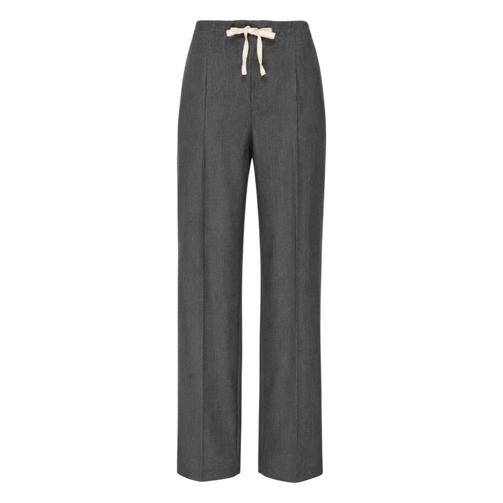 Sonia Carrasco Pleated Drawstring Trousers in heathered charcoal grey, featuring a wide-leg silhouette, front pleats, and a contrast cream drawstring bow at the elasticated waist