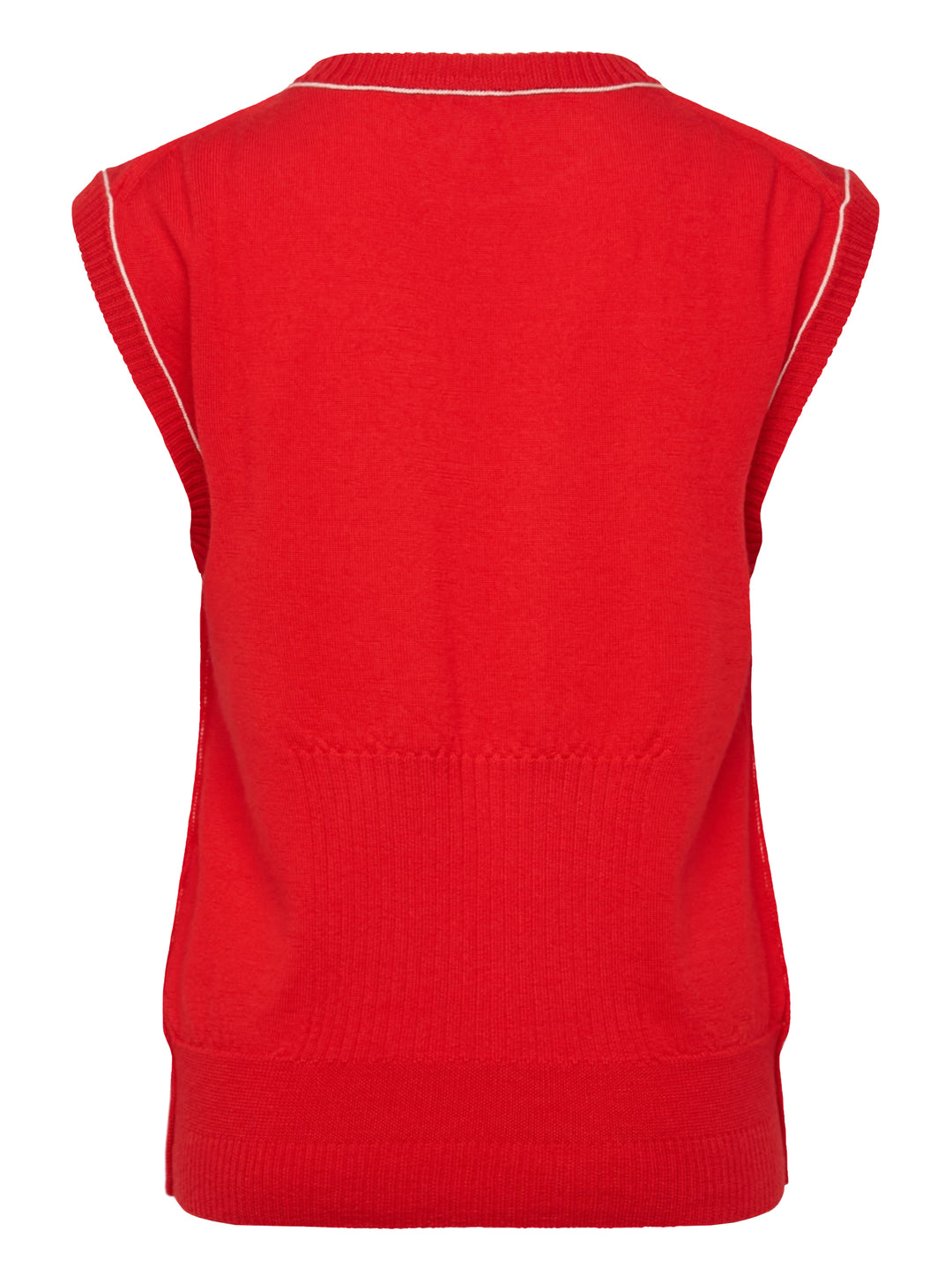 Sonia Carrasco Fitting Knit Vest in red with contrast cream piping along the neckline, armholes, side seams, and front pockets, displayed flat on a white background - view 2