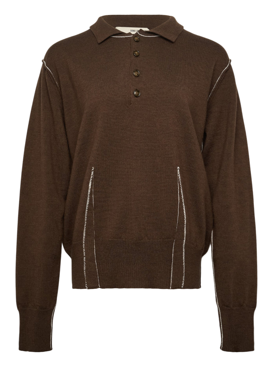 Sonia Carrasco Knit Polo Sweater in dark chocolate brown with contrast white overlock stitching along the seams, polo collar, four-button placket, and diagonal front pockets