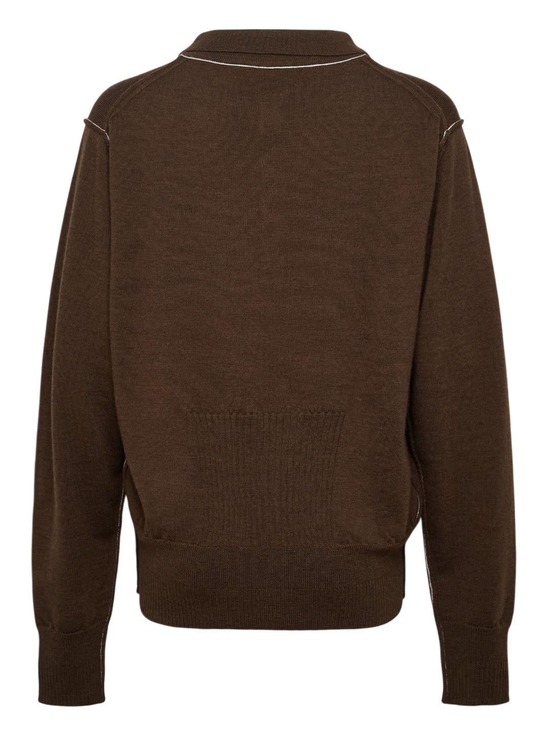 Sonia Carrasco Knit Polo Sweater in dark chocolate brown with contrast white overlock stitching along the seams, polo collar, four-button placket, and diagonal front pockets - view 2