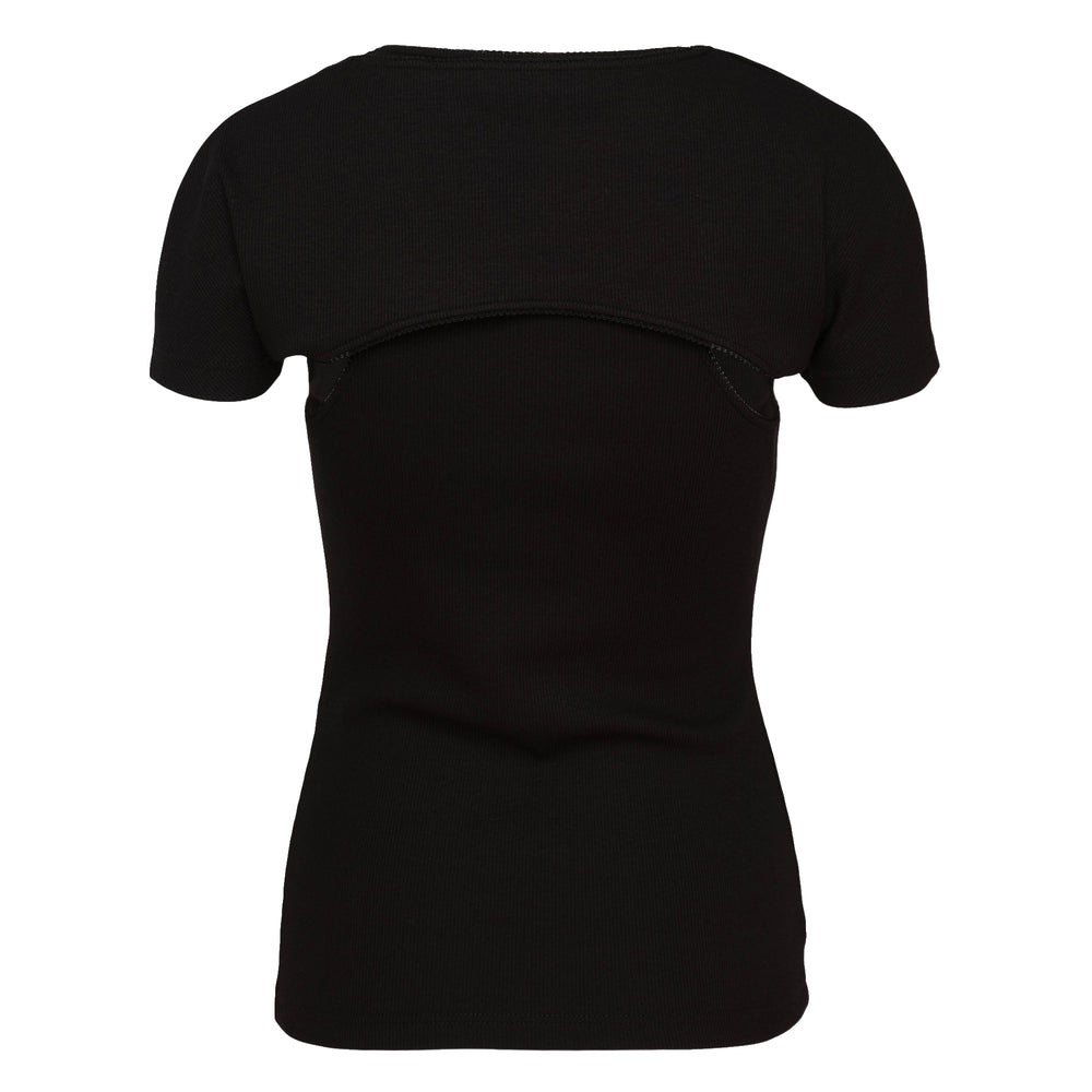 Alaïa Layered Ribbed Jersey Tee in black with contrast topstitching and layered scoop neckline, short sleeves, fitted silhouette