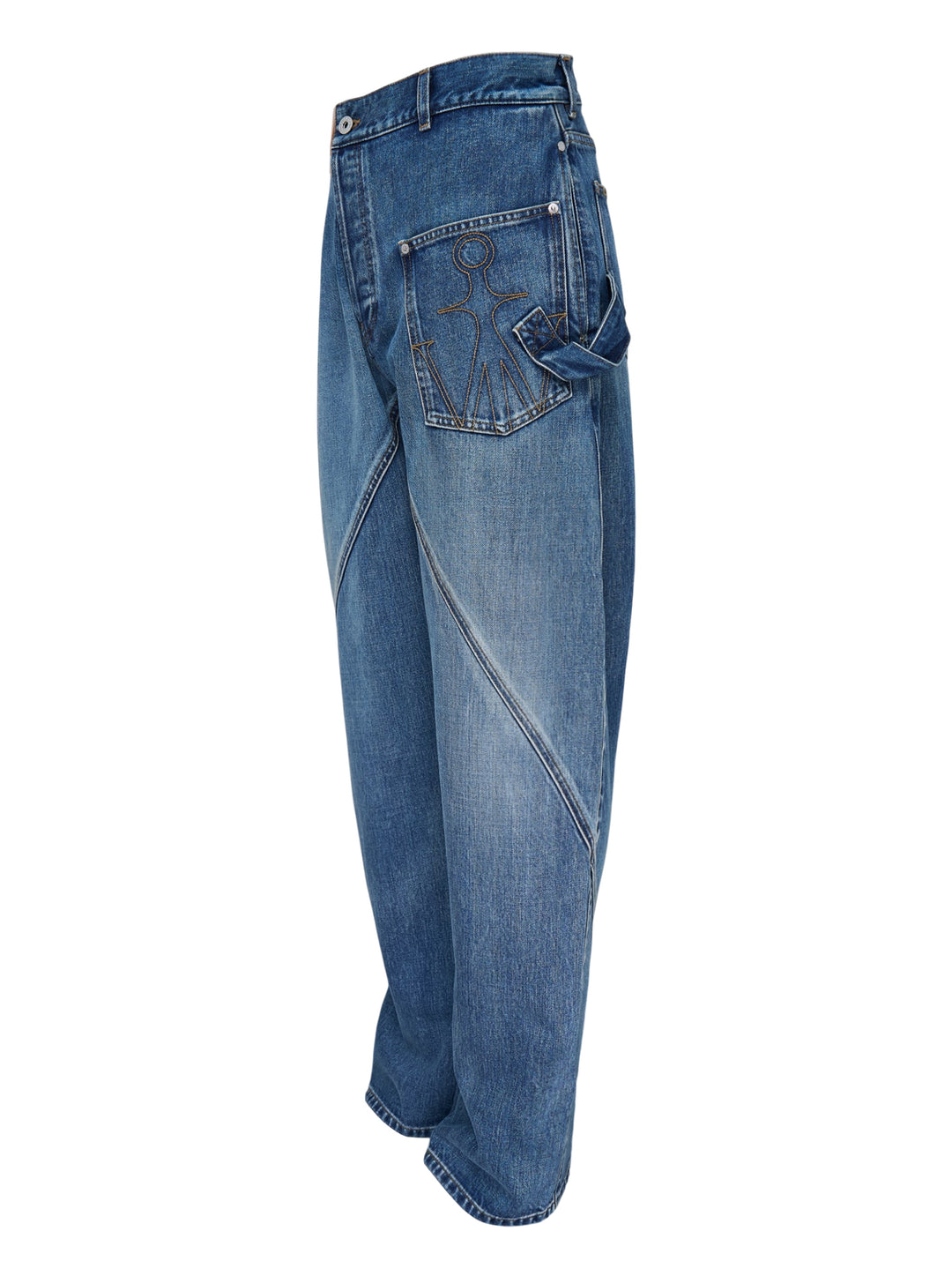 JW Anderson Twisted Workwear Jeans in washed blue denim with curved twisted seams, embroidered front pocket and leather logo patch at the waistband - view 2