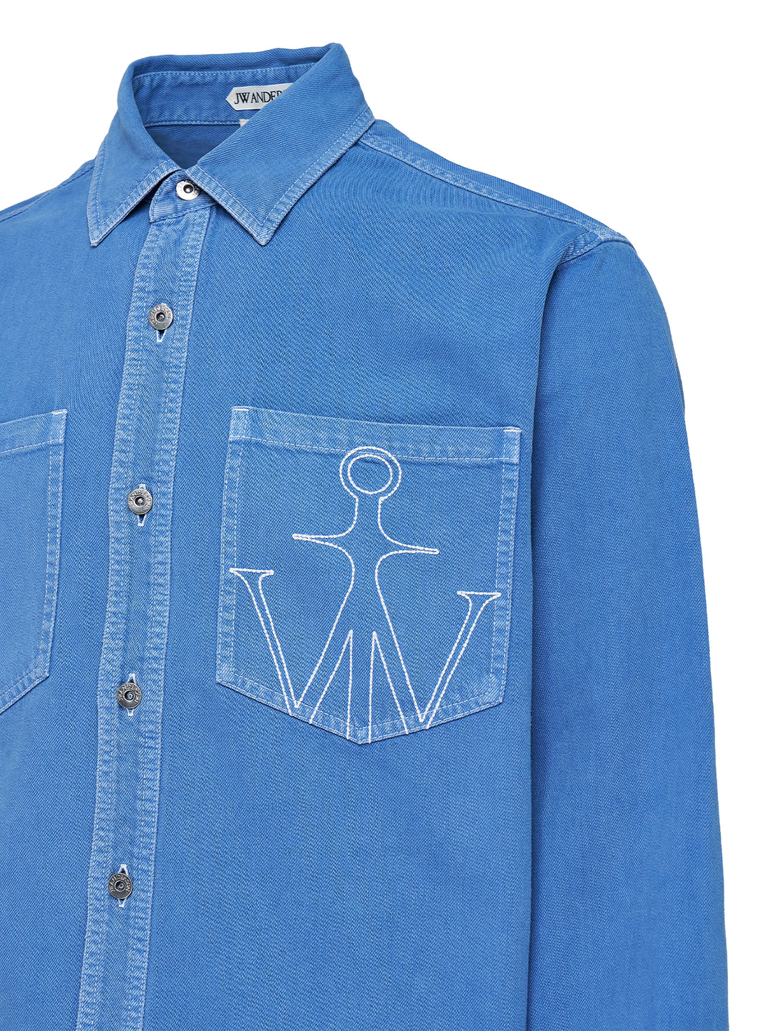 JW Anderson oversized long sleeve shirt in washed blue cotton twill with two chest pockets and an embroidered anchor logo - view 3