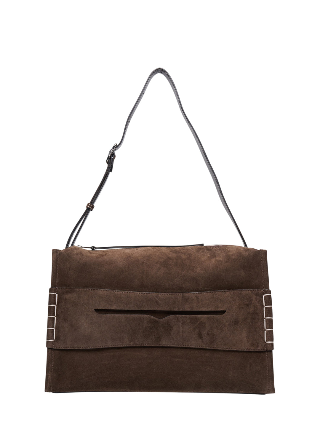 JW Anderson Messenger Loafer Bag in brown suede with adjustable dark leather crossbody strap, front slip pocket, and silver-tone bar hardware at both sides
