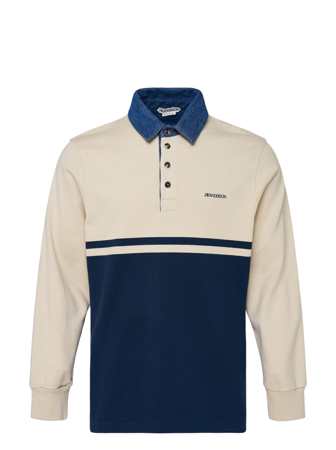 JW Anderson long sleeve polo in cream and navy colour-block with a washed denim collar, three-button placket and embroidered chest logo