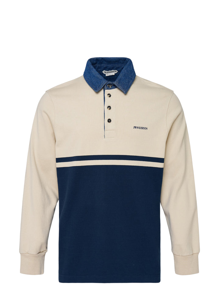 JW Anderson long sleeve polo in cream and navy colour-block with a washed denim collar, three-button placket and embroidered chest logo