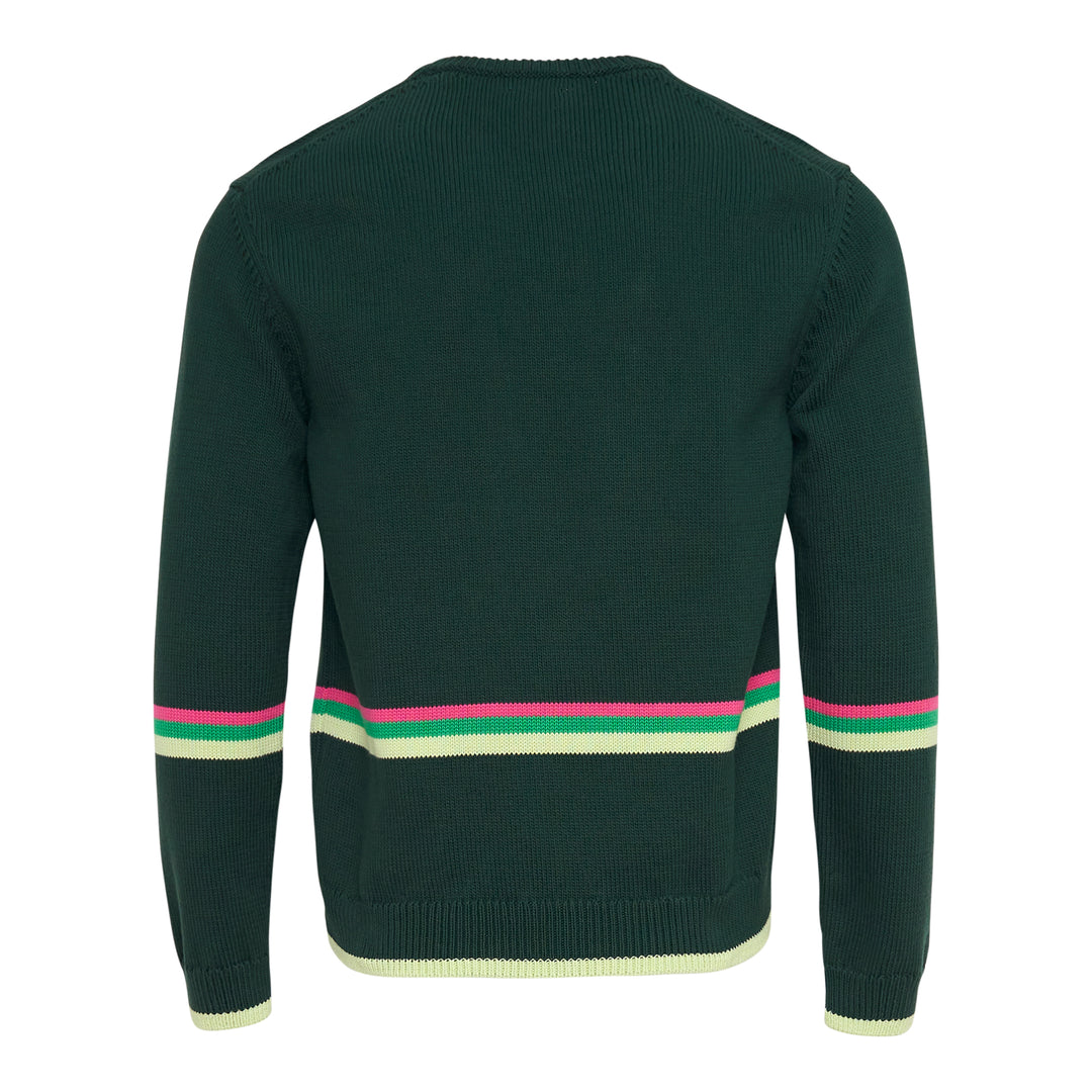 JW Anderson forest green cotton Sheep Jumper with raised intarsia lamb appliqué at the chest and pink, cream, and green stripe bands across the body and sleeves