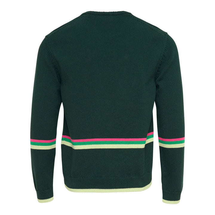 JW Anderson forest green cotton Sheep Jumper with raised intarsia lamb appliqué at the chest and pink, cream, and green stripe bands across the body and sleeves