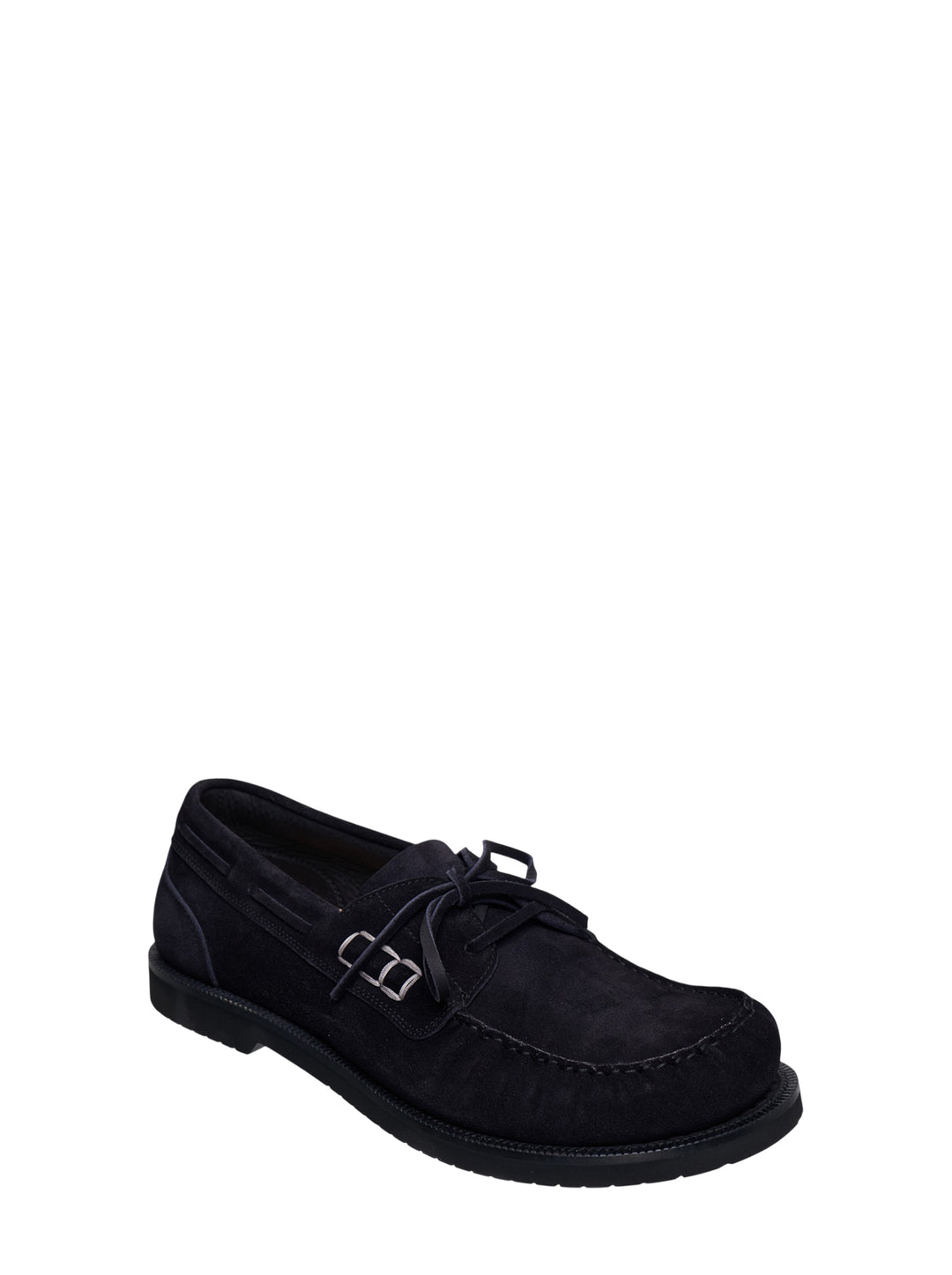 JW Anderson black suede boat loafer with lace-up vamp, silver ring hardware, and chunky ridged rubber outsole, shown in profile view - view 2