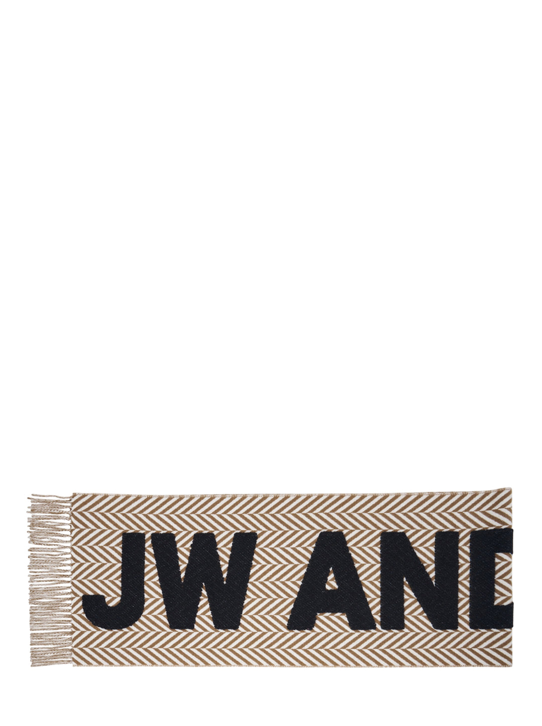 JW Anderson Logo Fil Coupé Check Scarf in tan and ivory herringbone stripe with oversized black logo lettering and fringe trim at both ends