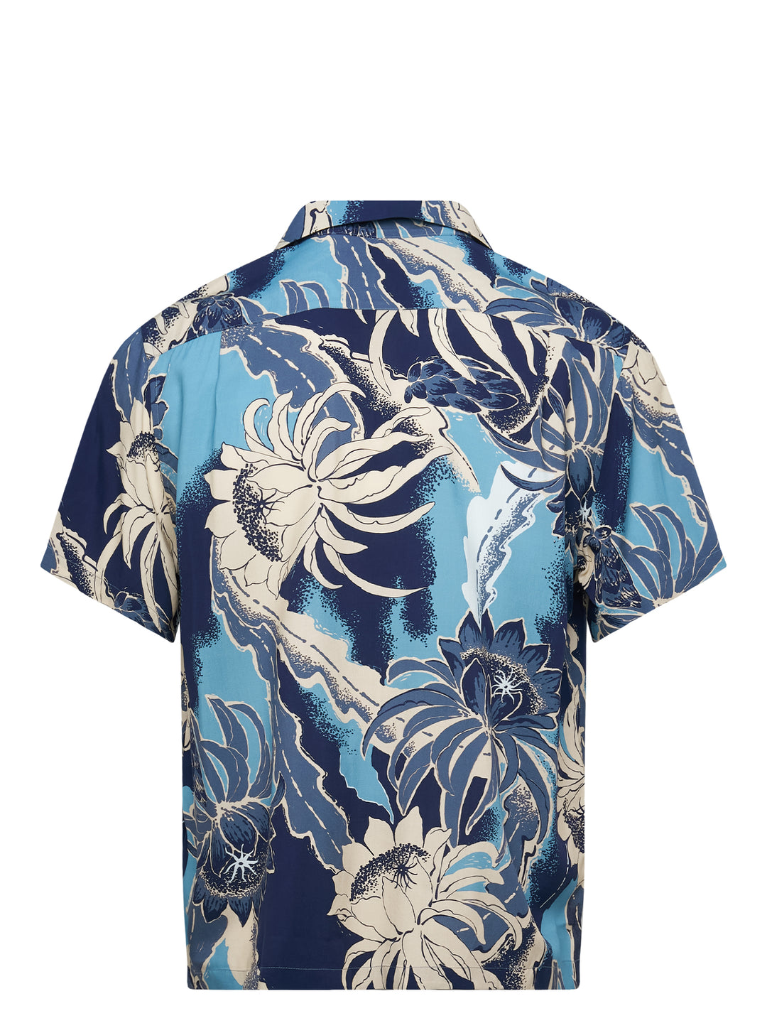 JW Anderson Hawaii Camp Collar Short Sleeve Shirt in a large-scale tropical floral print featuring navy, sky blue, and cream tones, with tortoiseshell buttons and a chest patch pocket - view 2