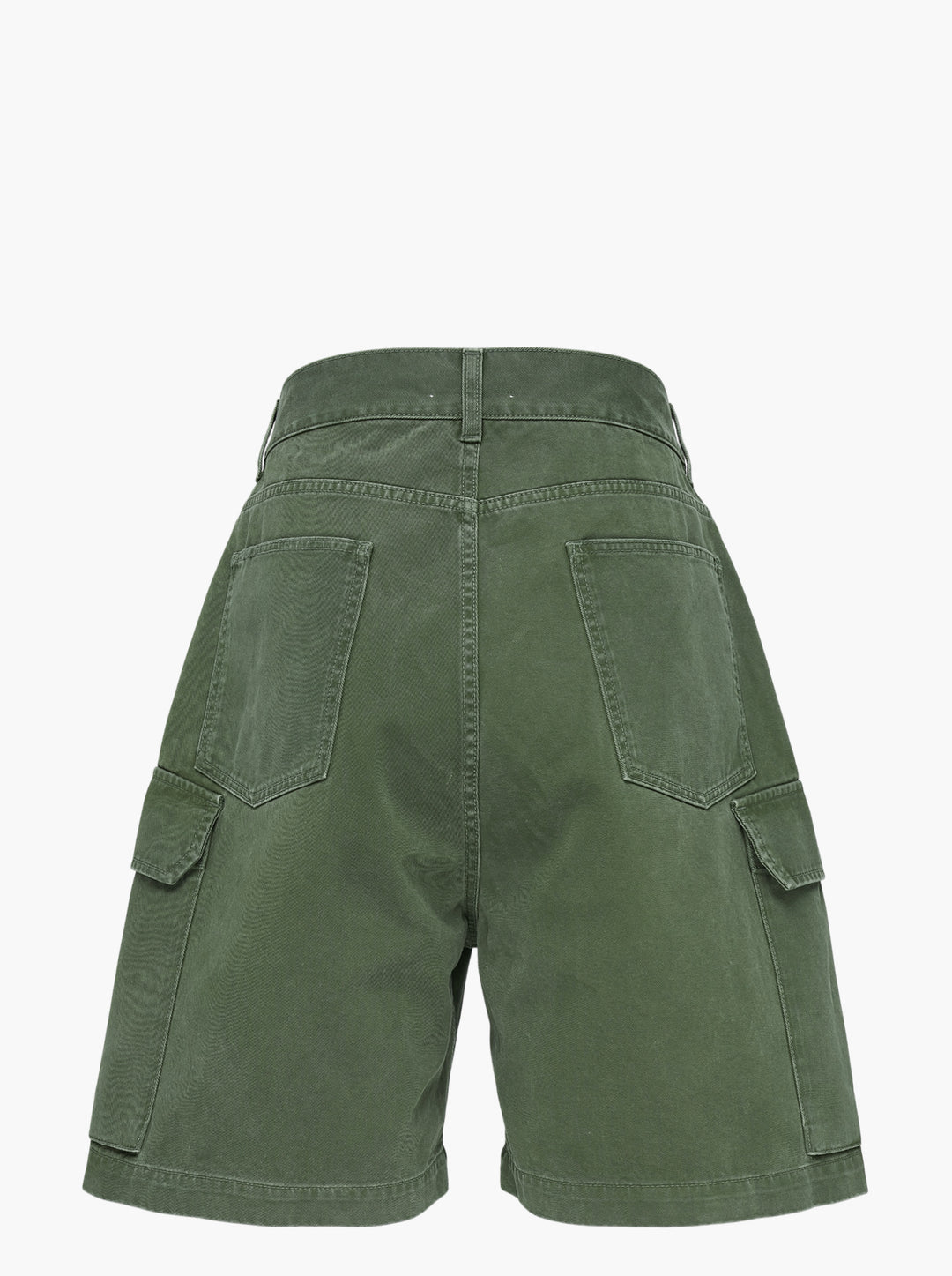JW Anderson twisted patch pocket shorts in olive green with asymmetric fly, curved seams and flap cargo pockets - view 3