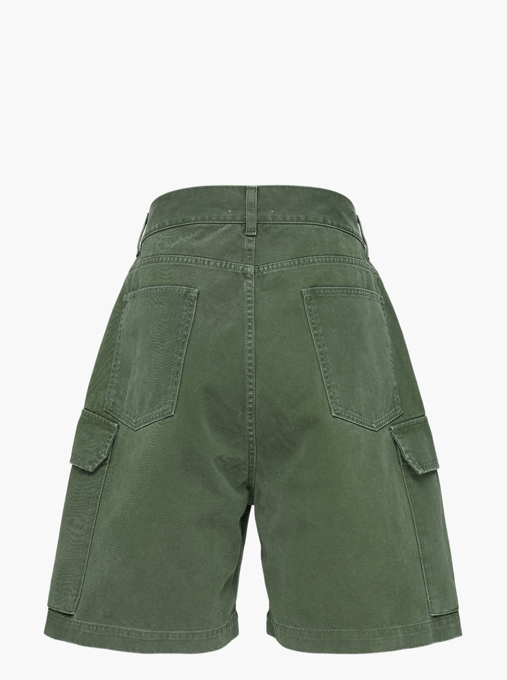 JW Anderson twisted patch pocket shorts in olive green with asymmetric fly, curved seams and flap cargo pockets - view 3