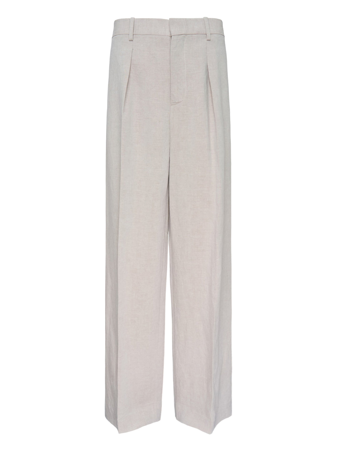 JW Anderson single pleat wide-leg trousers in oatmeal linen, shown from the front