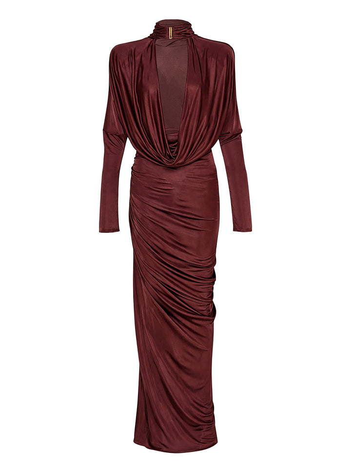 Balmain burgundy viscose jersey maxi dress with a draped cowl neckline, high collar with gold-tone hardware, long sleeves, and a ruched asymmetric skirt