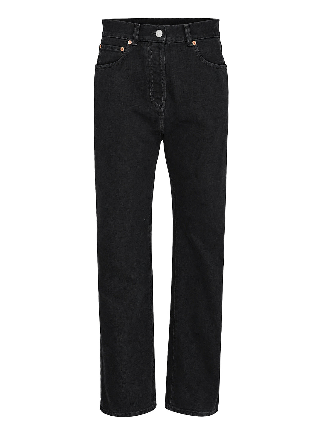 Balmain straight fit black denim jeans shown from the front with five-pocket styling, button closure and copper-tone rivets