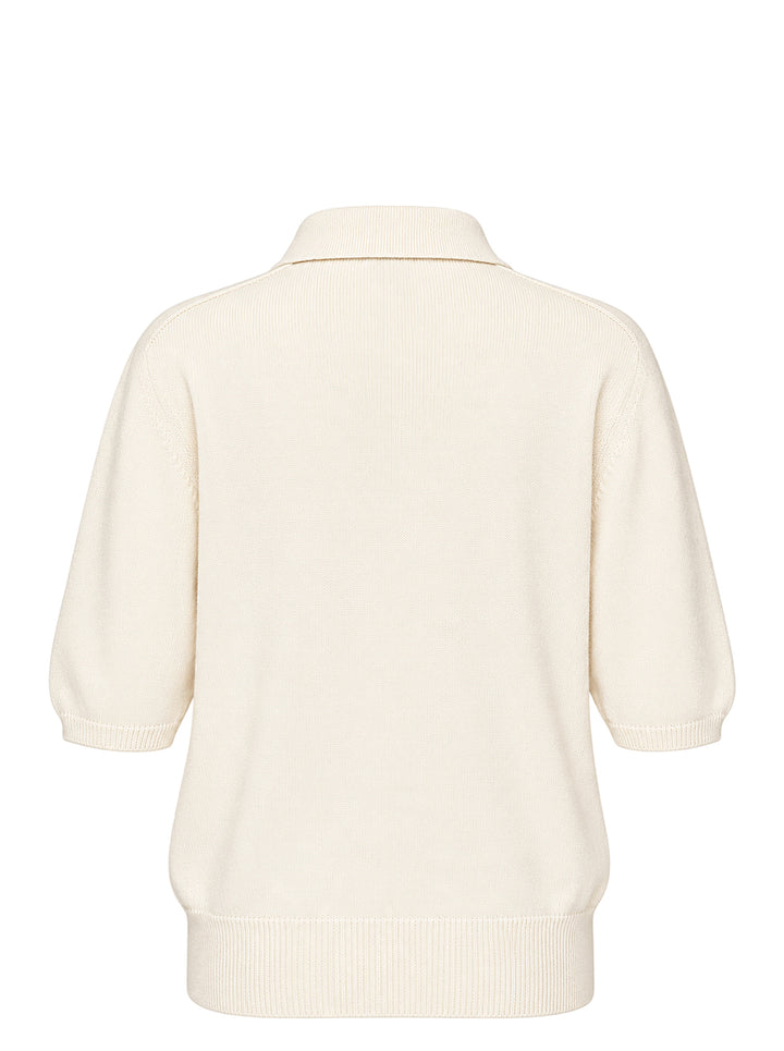 Balmain short sleeve cashmere knit polo in cream with a ribbed collar and three gold-tone embossed buttons - view 2