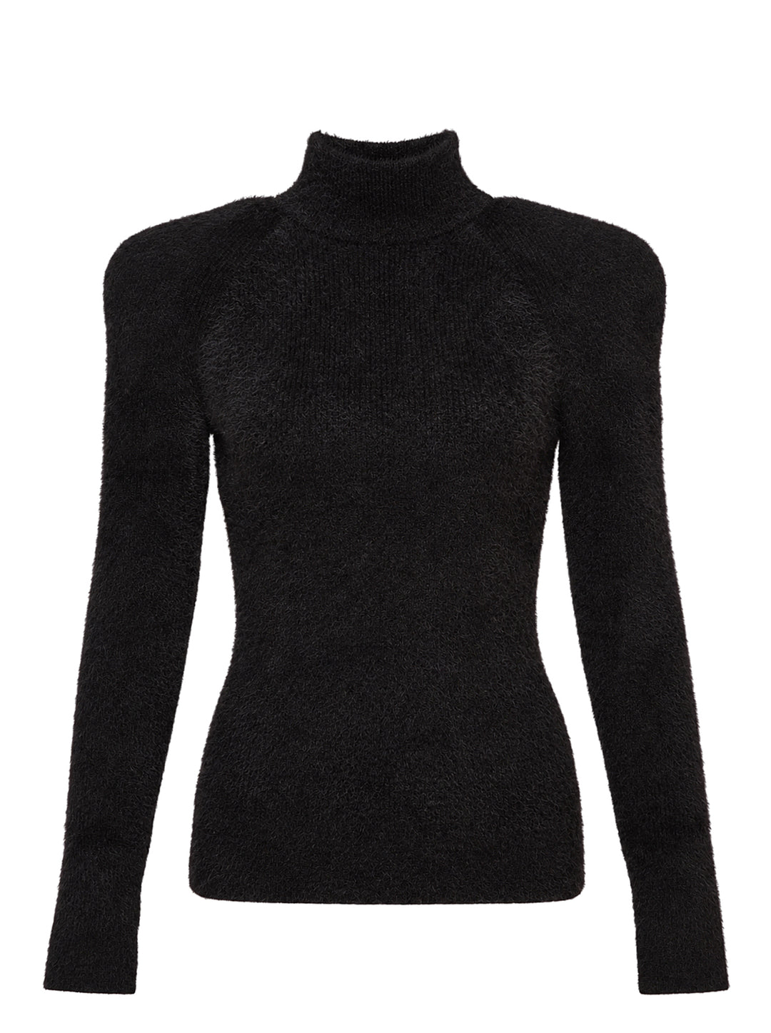 Balmain black fluffy ribbed viscose knit turtleneck with structured shoulders and long sleeves, shown from the front