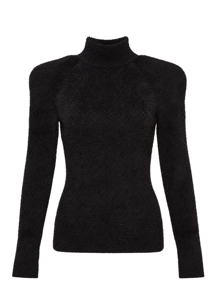Balmain black fluffy ribbed viscose knit turtleneck with structured shoulders and long sleeves, shown from the front