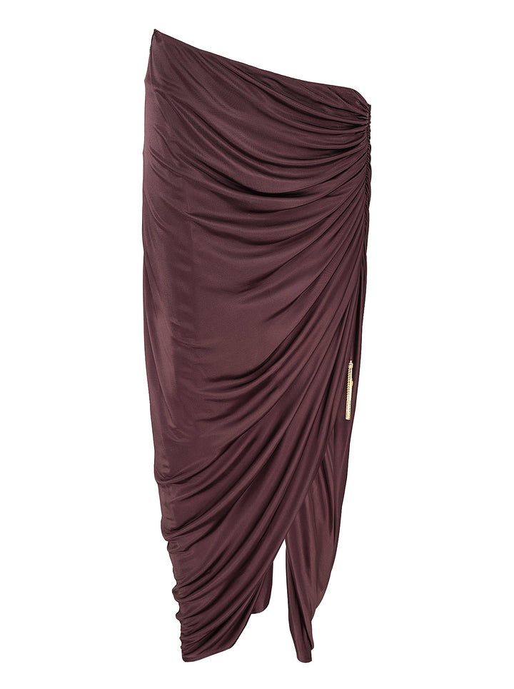 Balmain draped jersey midi skirt in deep burgundy with asymmetric waist, ruched side detail, front slit and gold-tone tassel