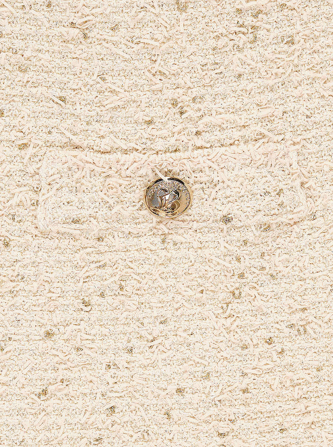 Balmain cream tweed knit mini skirt with gold metallic flecks and two flap pockets with embossed gold-tone buttons - view 3