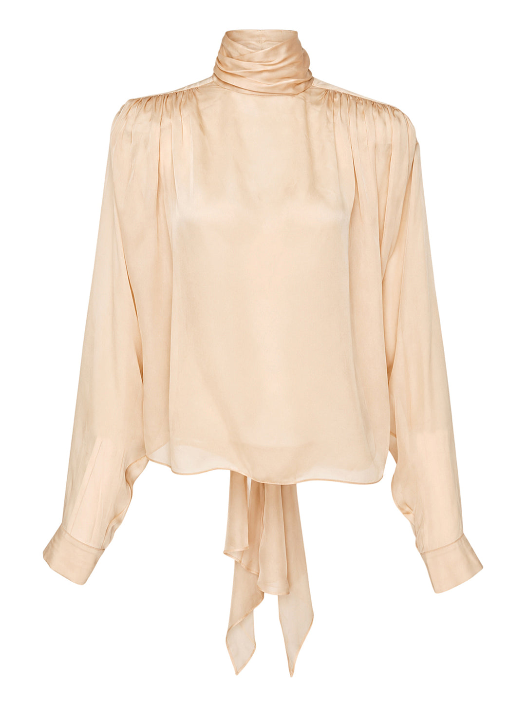 Balmain long sleeve silk charmeuse blouse in a soft blush tone with a draped high neck, gathered shoulders and a tie-back bow