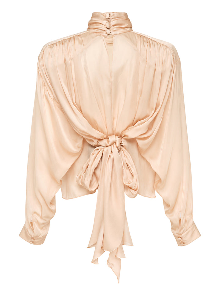 Balmain long sleeve silk charmeuse blouse in a soft blush tone with a draped high neck, gathered shoulders and a tie-back bow - view 2