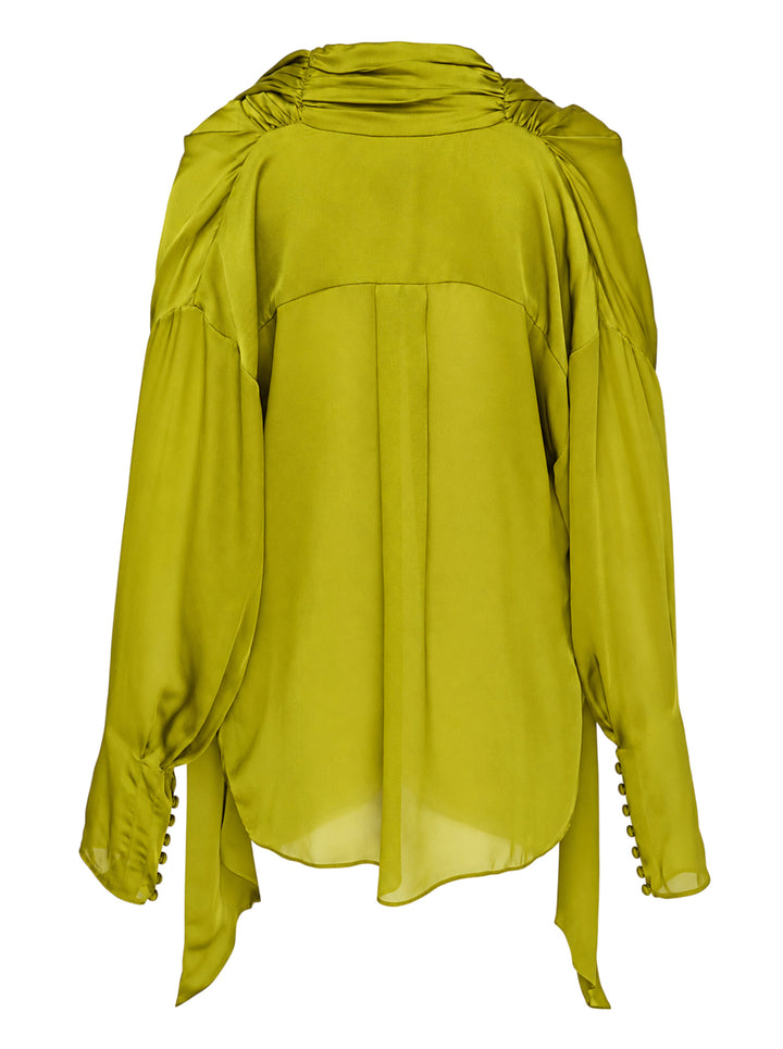 Balmain open neck draped silk charmeuse blouse with cowl neckline, scarf-like shoulder panels and covered button cuffs - view 2