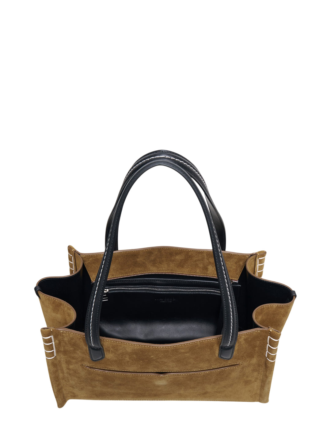 JW Anderson Elongated Loafer Cabas tote bag in tan suede with black leather shoulder handles, curved leather base, and whipstitch gusset detailing - view 3