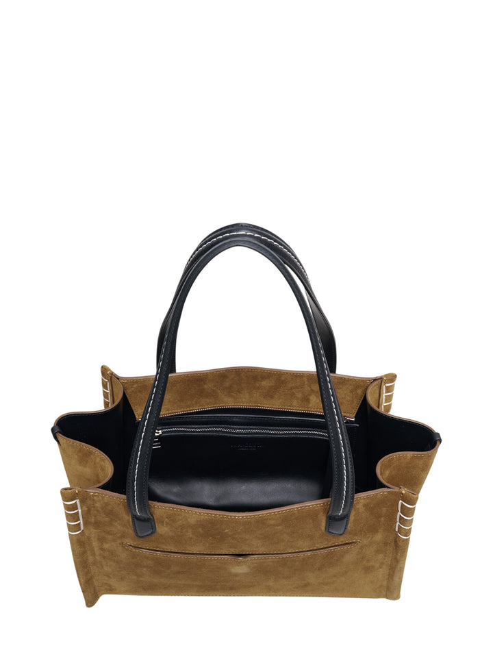 JW Anderson Elongated Loafer Cabas tote bag in tan suede with black leather shoulder handles, curved leather base, and whipstitch gusset detailing - view 3