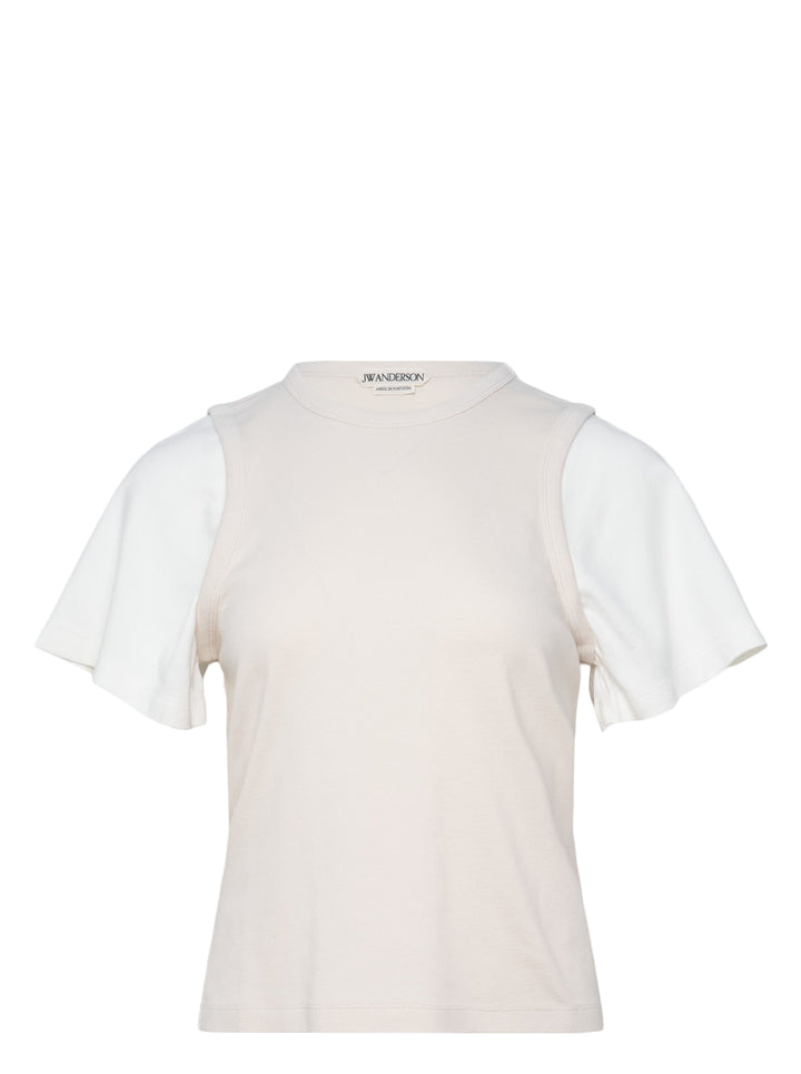 JW Anderson Double Layered T-Shirt with cream cotton body and contrasting white short sleeves, featuring a cut-out shoulder construction and crew neckline, displayed flat on a white background