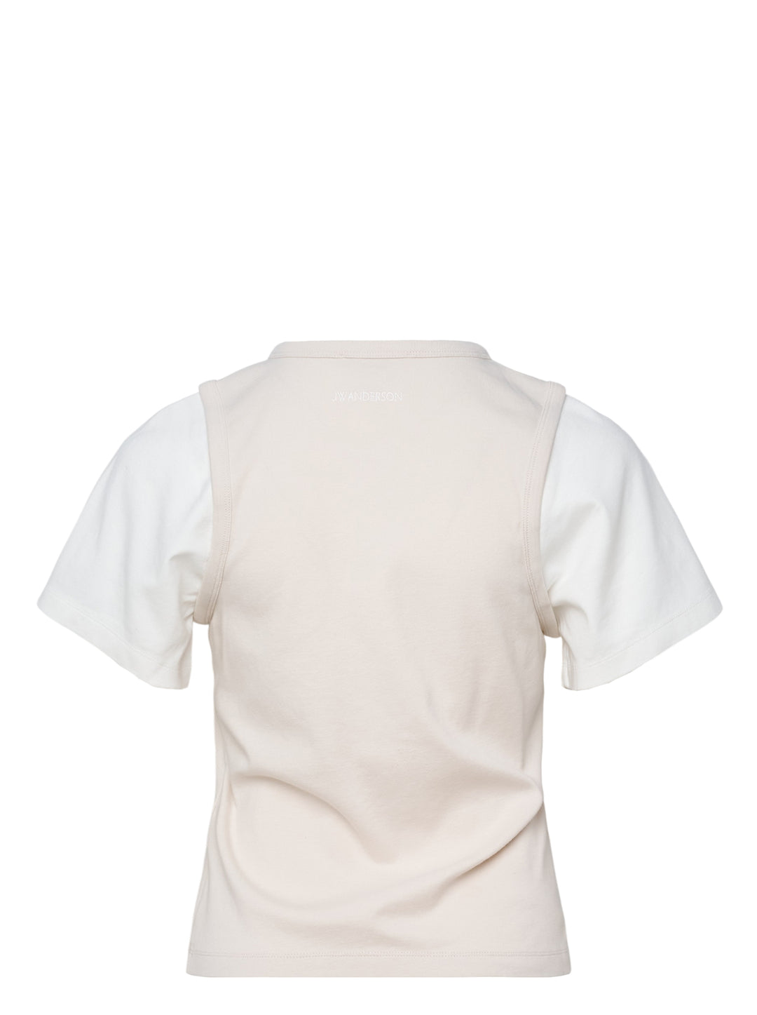 JW Anderson Double Layered T-Shirt with cream cotton body and contrasting white short sleeves, featuring a cut-out shoulder construction and crew neckline, displayed flat on a white background - view 2