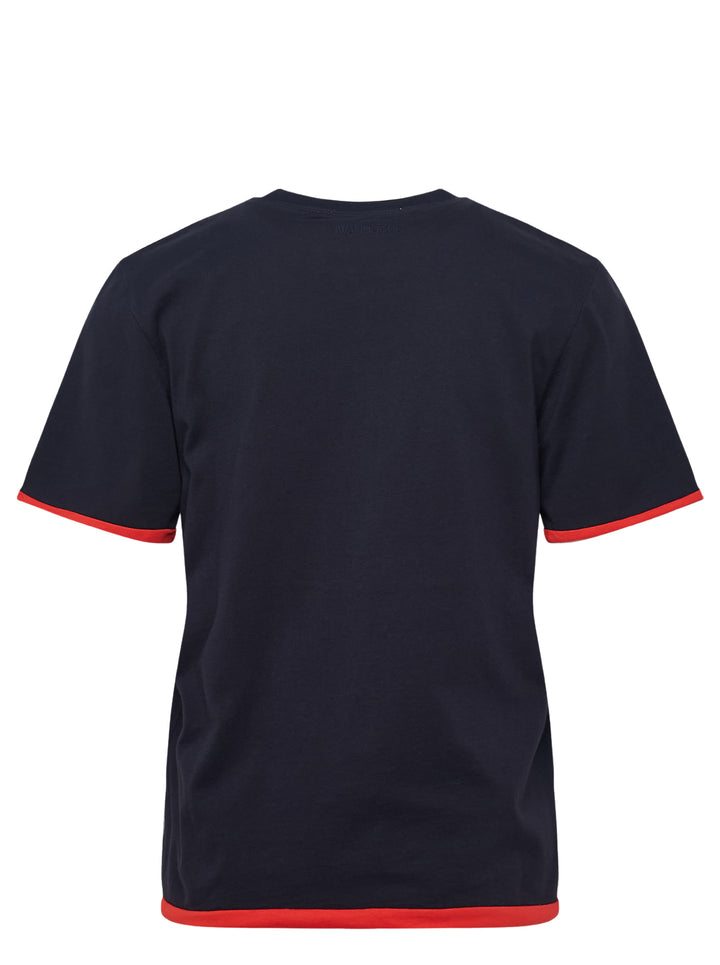 JW Anderson navy short sleeve t-shirt with red cursive 'in the shade' chest embroidery and contrast red sleeve and hem trim detailing - view 2
