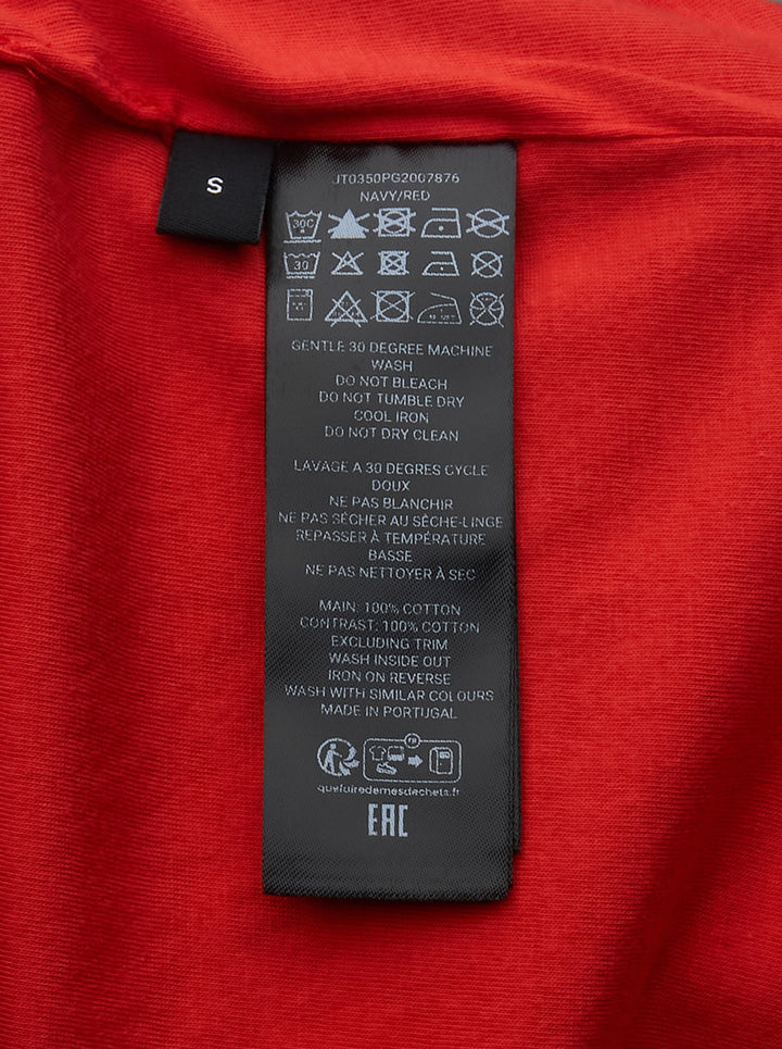 JW Anderson navy short sleeve t-shirt with red cursive 'in the shade' chest embroidery and contrast red sleeve and hem trim detailing - view 3