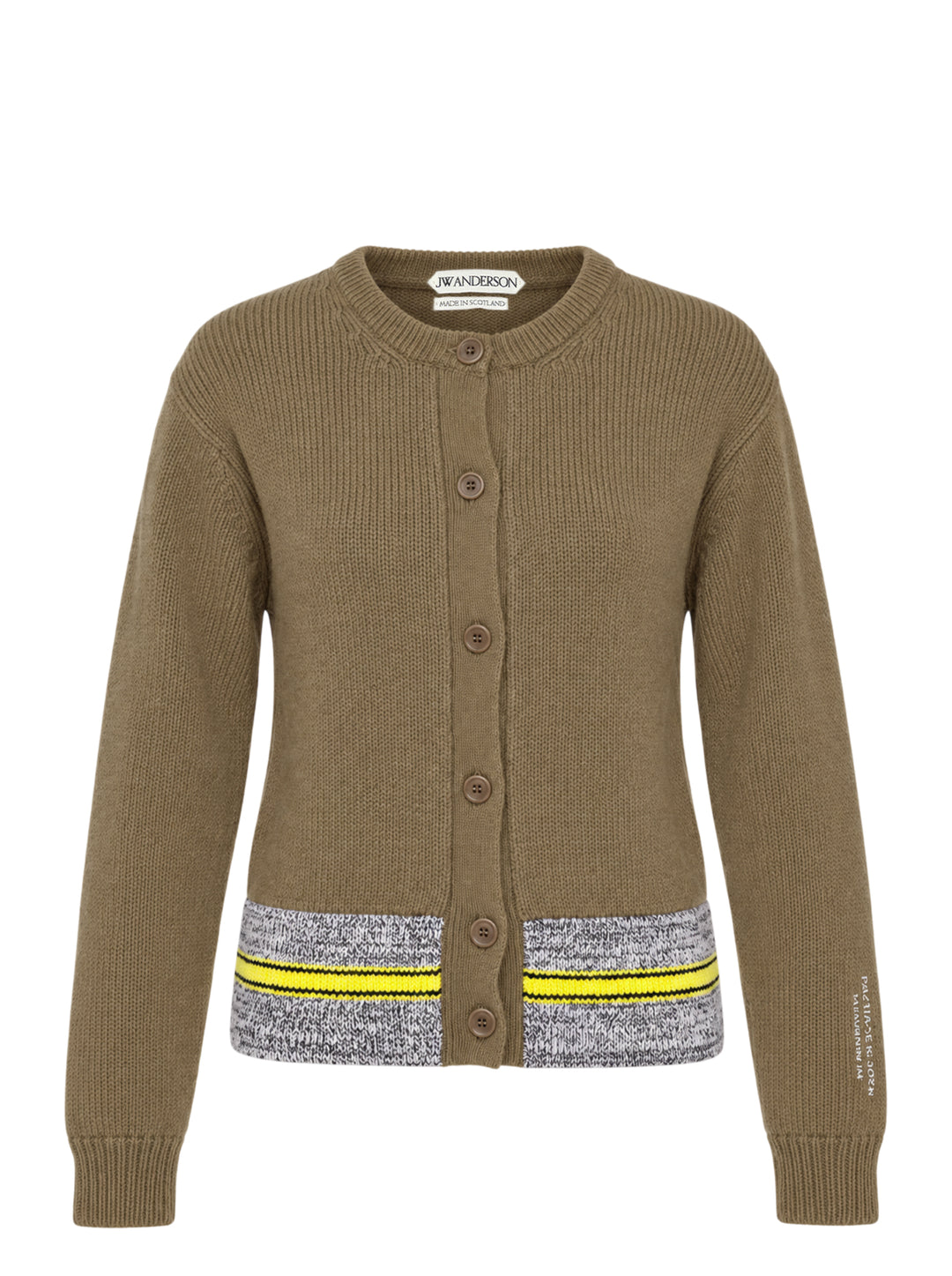 JW Anderson olive green button-up cardigan with a marled grey hem panel and yellow and black stripes