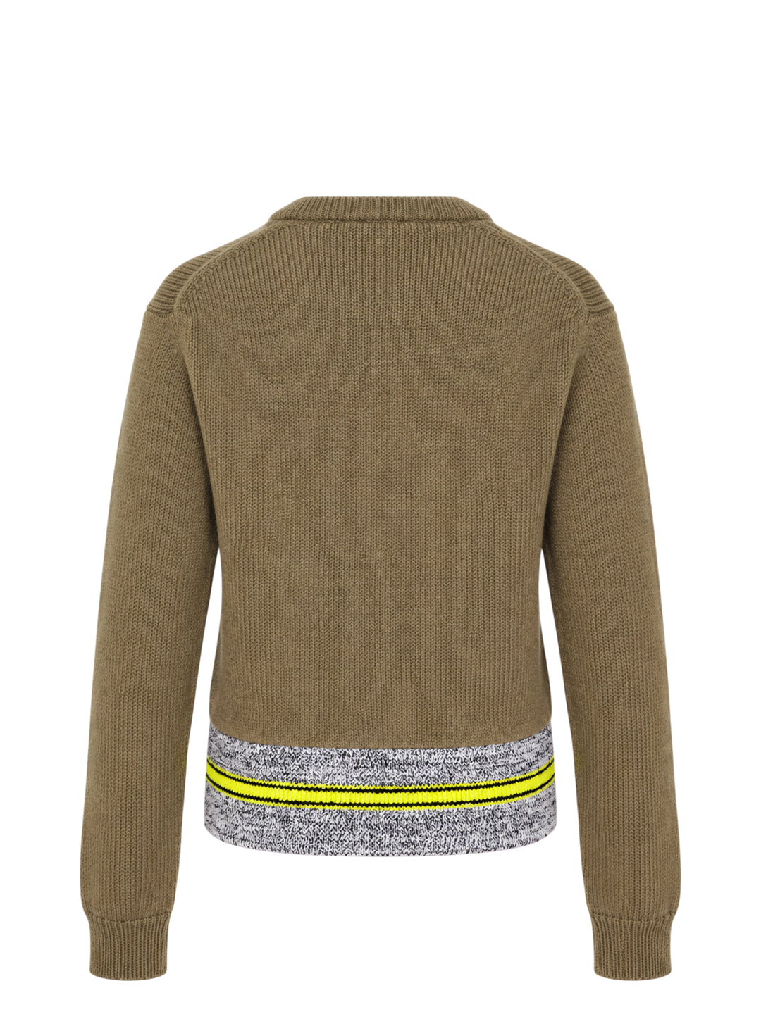 JW Anderson olive green button-up cardigan with a marled grey hem panel and yellow and black stripes - view 2