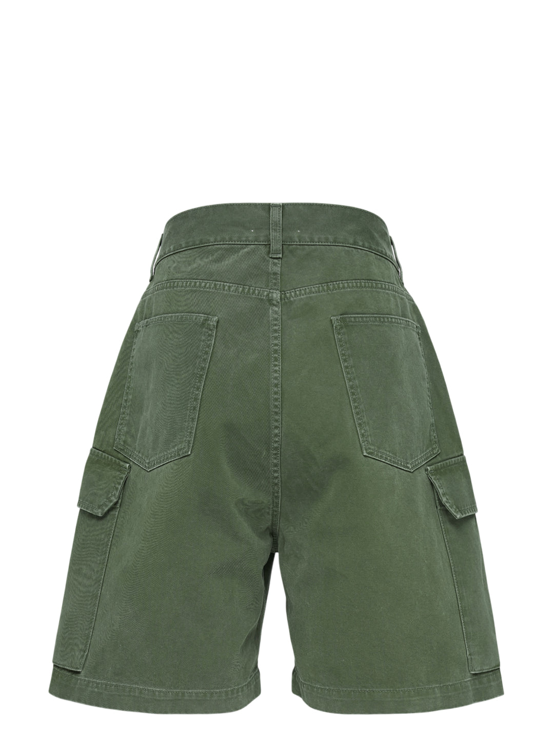 JW Anderson twisted patch pocket cargo shorts in washed olive green cotton with asymmetric waistband and flap pockets - view 3