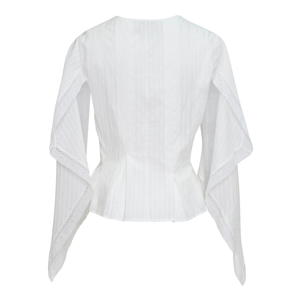 JW Anderson white woven top with dramatic draped handkerchief sleeves trimmed in broderie anglaise lace, fitted pintucked bodice, and a V-neckline with self-tie ribbon closure