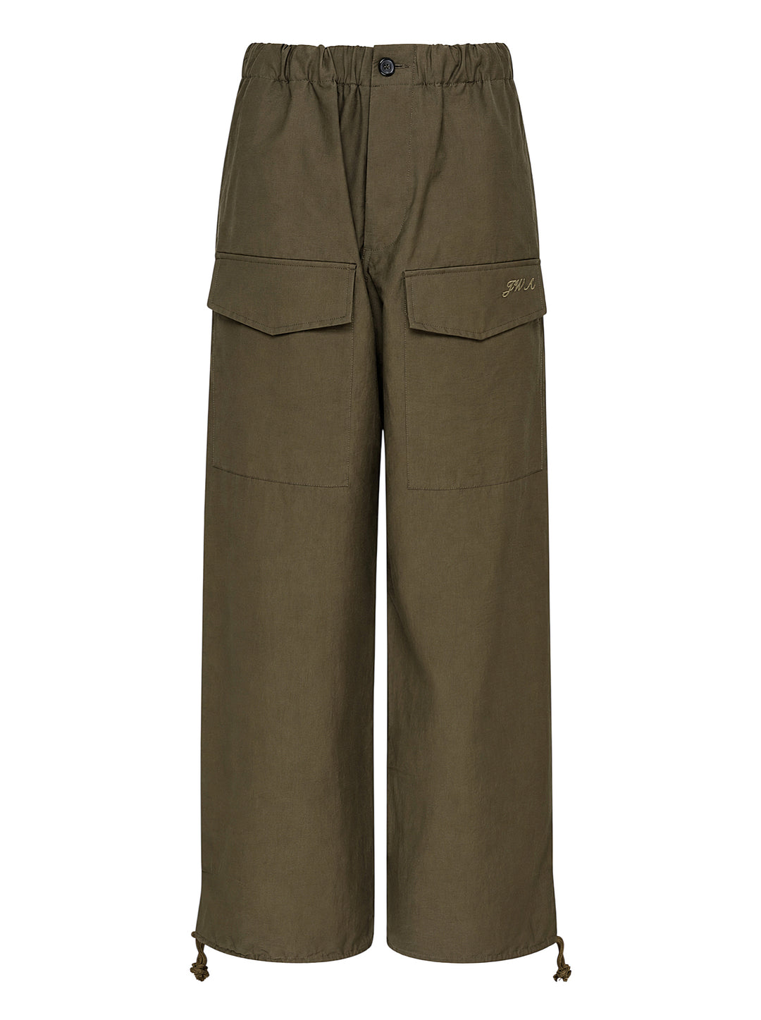 JW Anderson olive parachute track pants with oversized flap pockets, elasticated waist and drawstring hems, shown front view