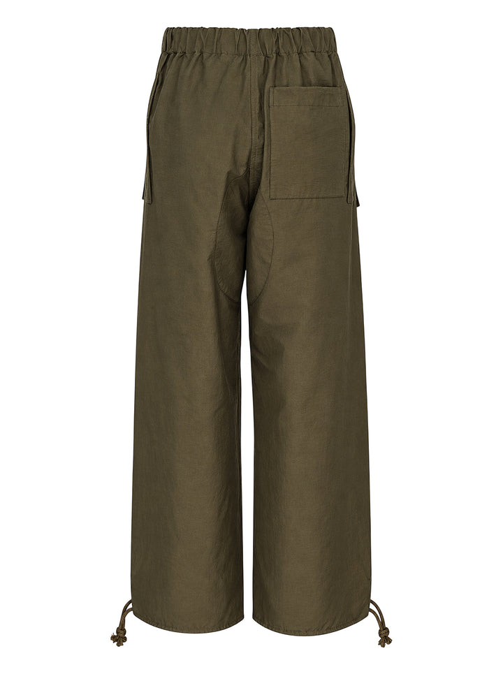 JW Anderson olive parachute track pants with oversized flap pockets, elasticated waist and drawstring hems, shown front view - view 2