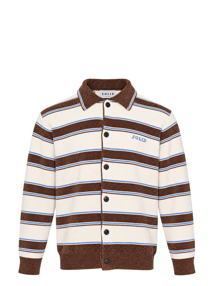 Solid Homme Stripe Collared Cardigan in cream, brown, and blue horizontal stripes with dark button-front closure, spread collar, and ribbed cuffs and hem