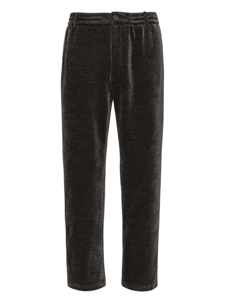 Solid Homme Velvet Feel Track Pants in deep charcoal, featuring an elasticated waistband with single button closure and a straight tapered leg