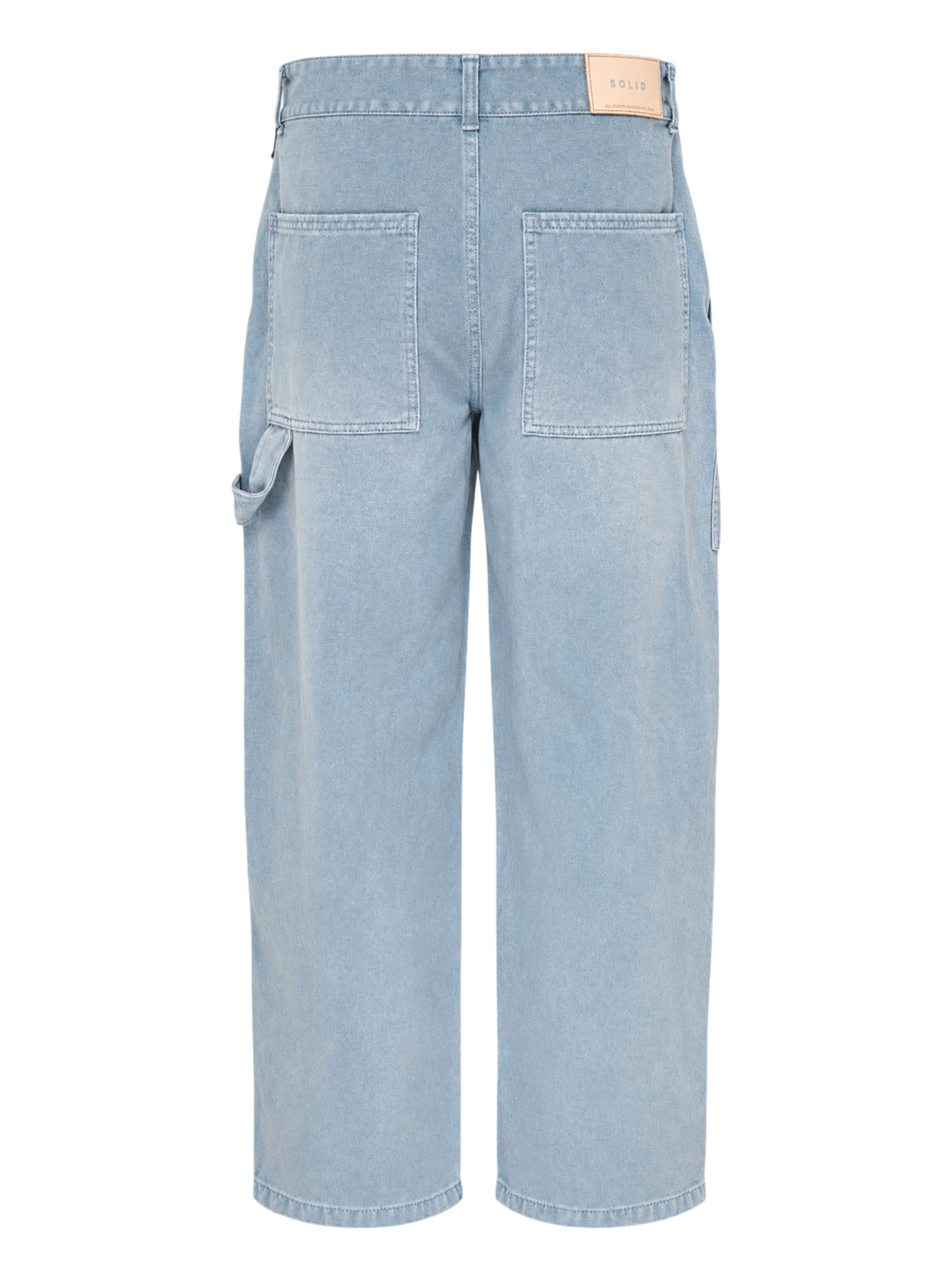 Solid Homme Straight Cut Washed Jeans in light blue stonewash denim, featuring a wide-leg silhouette, high-rise waist, and carpenter utility tab detail - view 2